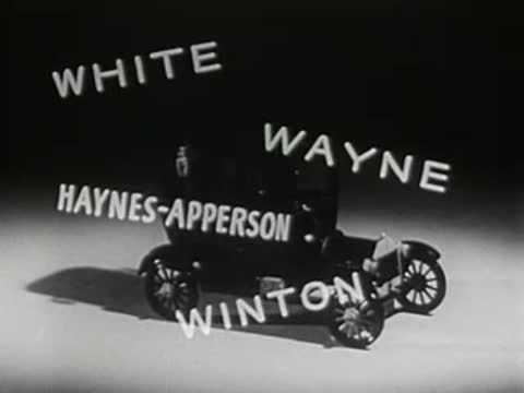 Vintage car surrounded by floating brand names, 1950s film
