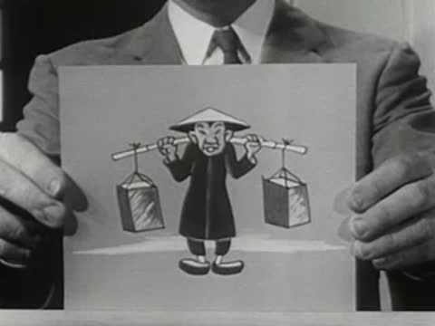 man holding up a cartoon card transitioning into an animated sequence of a worker walking