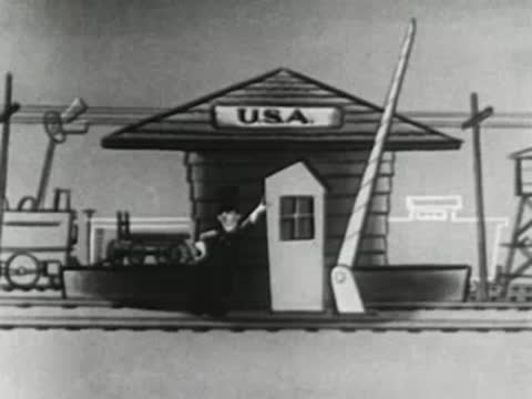 animated cartoon of a usa train station building with signal arms moving