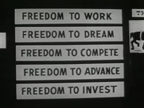 A chalkboard displays a list of five freedoms including work, dream, and invest.