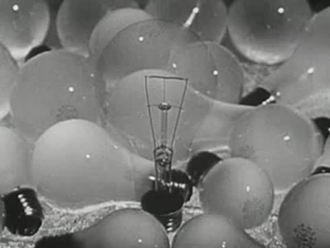 Close-up of numerous glowing glass lightbulbs clustered together.