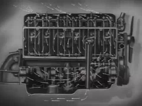 Animated diagrams of a mechanical engine with visible wiring and components.