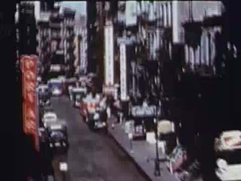 Montage of a busy city street, a sign for frankfurters, and wooden steps.