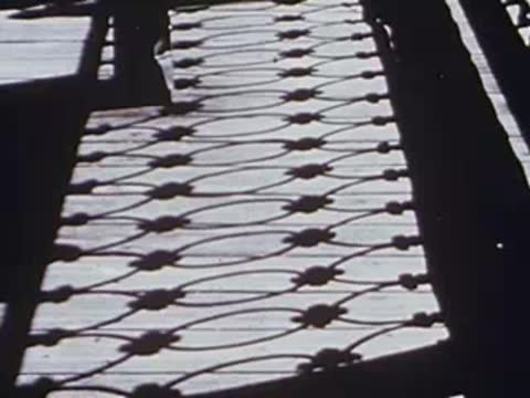 Patterned shadows cast on pavement by ironwork railing, archival footage.