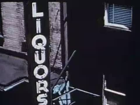 Night view of "LIQUORS" neon sign on a city building.