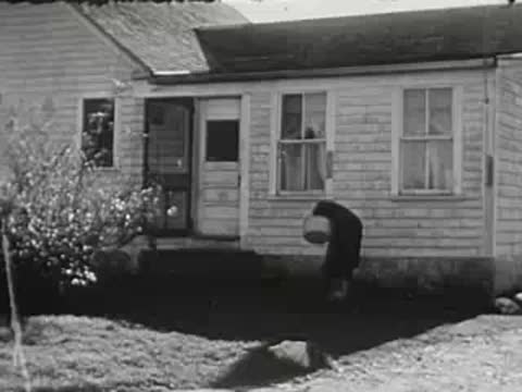 Woman walking outside a wooden house and bending down near steps.