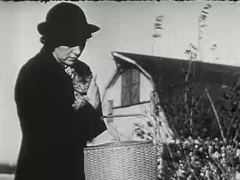 Woman holding tabby kitten outside near wooden house and white basket.