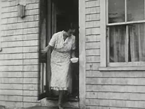 Woman opening the screen door holding a bowl of milk, greeted by a cat.