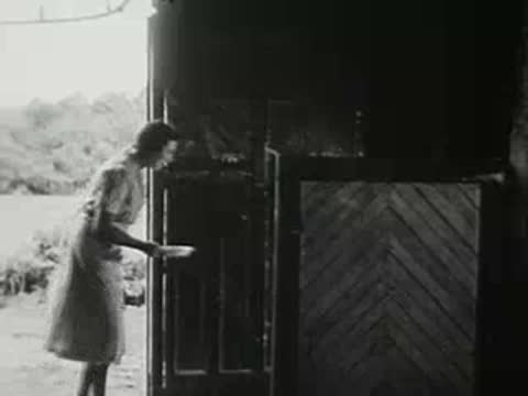 Woman enters the barn doorway holding a bowl, stepping inside.