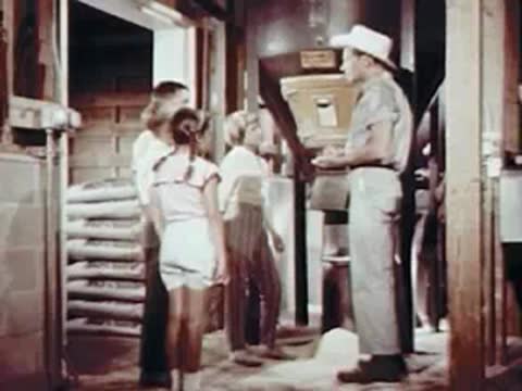Man and children standing in a dairy barn