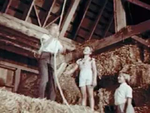 Child lying in hay with other children watching nearby