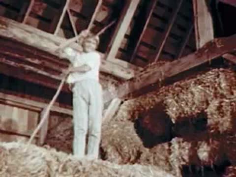 Child pulling a rope in a hayloft