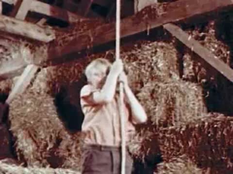 Person pulling a rope inside a rustic barn with hay bales