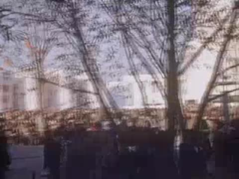 Pan right through bare trees overlooking a large crowd gathered in a fairground plaza.
