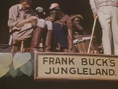 A person in safari gear, a chimpanzee, and drummers perform under Frank Buck’s Jungleland sign.