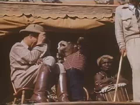 Safari guide sits with a chimpanzee on stage as a drummer plays below.