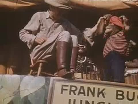 Safari guide holds the hands of a chimpanzee wearing a red hat on stage.