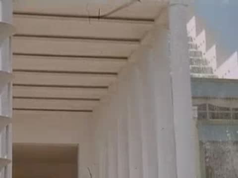 A medium shot of people walking down steps beneath the white colonnade of a pavilion.