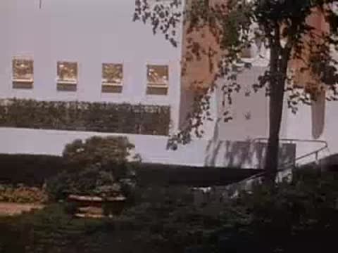 Static shot of landscaped bushes and the side of a pavilion building.