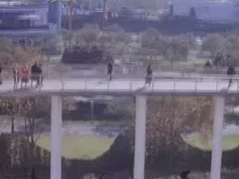 People strolling along an elevated circular pedestrian bridge overlooking landscaped fairground grounds.