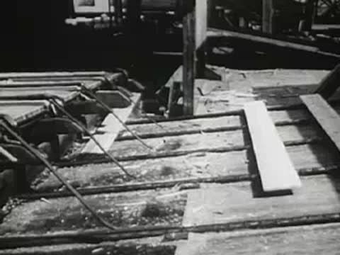 Lumber sorting yard with wooden planks, industrial setting