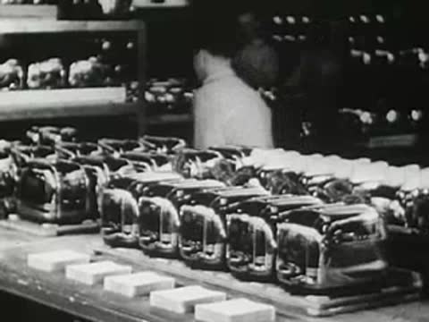 Factory worker inspecting and working on a line of assembled toasters, historical film.