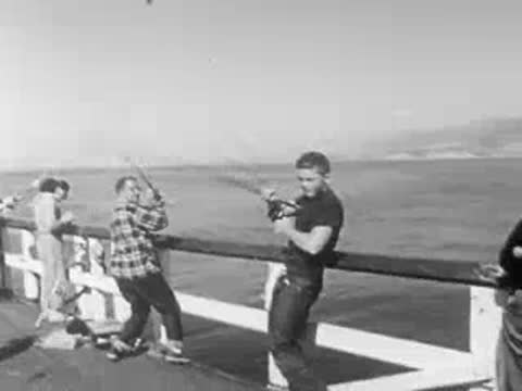 People fishing with rods along the wooden railing of a pier overlooking the sea.