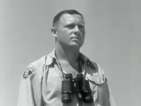 A lifeguard in uniform wearing binoculars looks around the beach area.