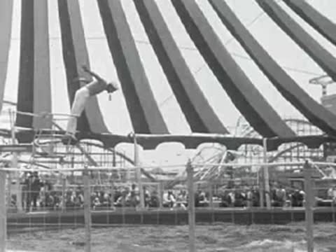 Performer diving into a pool from a high platform during a show.