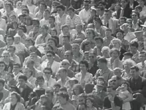 A large seated crowd watching an outdoor show at the amusement park.