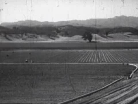 Flat agricultural landscape with fields and hills in the background.