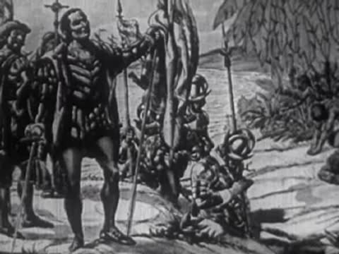 Historical illustration depicting explorers with flags and armor outdoors.