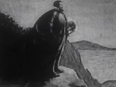 Historical illustration of a figure standing on a rocky cliff overlooking water.