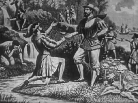 Historical illustration showing figures interacting in a lush outdoor landscape.