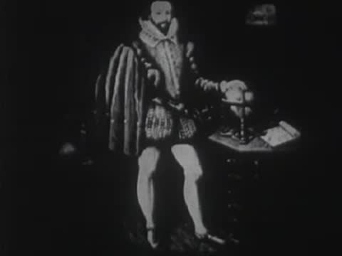 Historical illustration of a figure in period attire next to a globe and table.