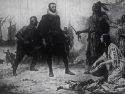 Historical illustration of explorers and indigenous people interacting outdoors.