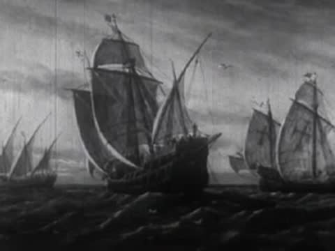 Historical painting of multiple sailing ships on calm water during daytime.
