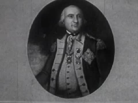 A circular portrait of a military officer in uniform from the 18th century.