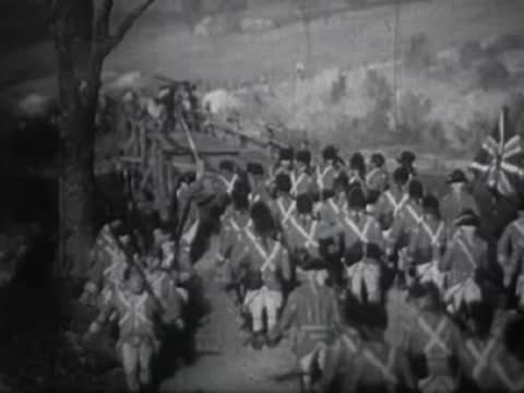 Historical illustration of an army marching with flags along a tree-lined path.