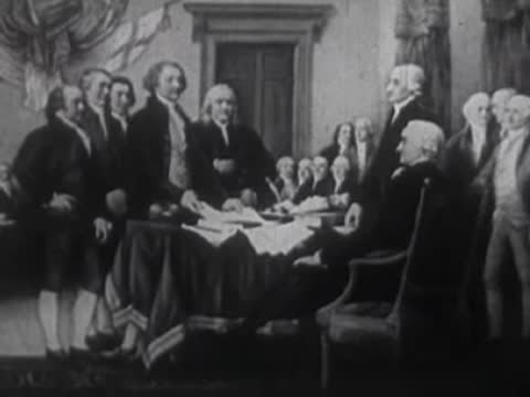Historical painting of seated and standing men in formal attire around a table.