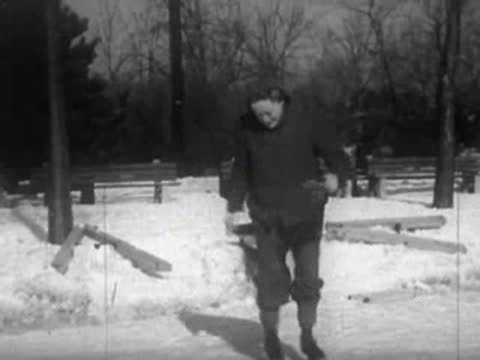 Person walking outdoors in a winter park with bare trees and snow on the ground