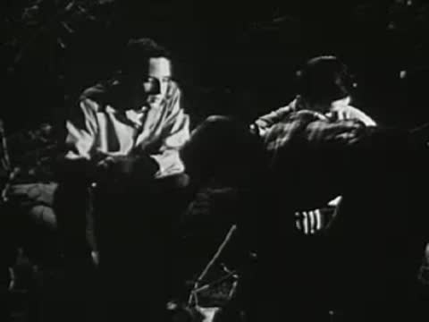 Young men gathered and talking around a campfire at night