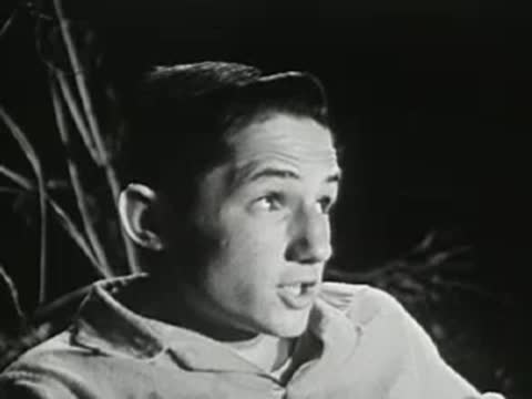 Teenage boy talking earnestly outdoors at night, mid-20th-century clothing
