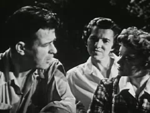 Group of people seated outdoors at night near a campfire, listening