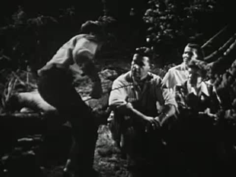 Person standing up from a campfire group at night, others watching