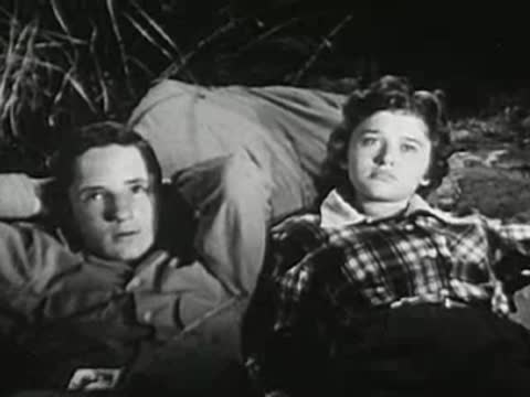 Teenage boy and girl lying down outdoors together, looking upward