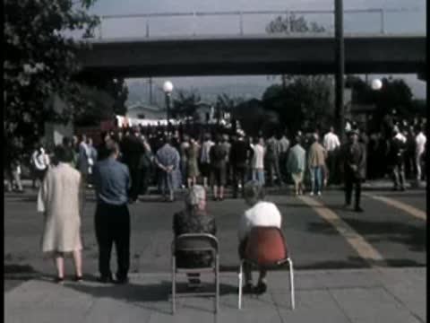 Outdoor public gathering with seated individuals and standing crowd beneath overpass.
