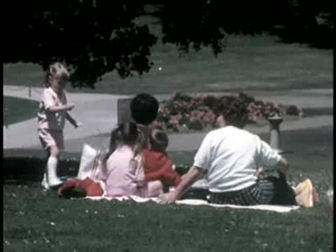Group of people having a picnic on park grass with child standing.