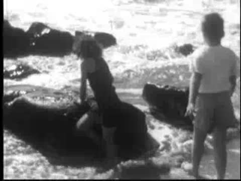 Children splashing in the water near rocks at the shoreline.
