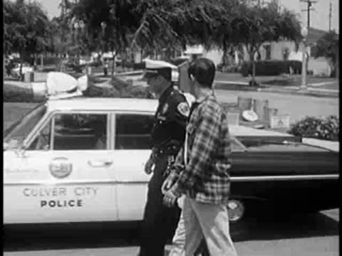 Police officer walking a young man toward a police car.